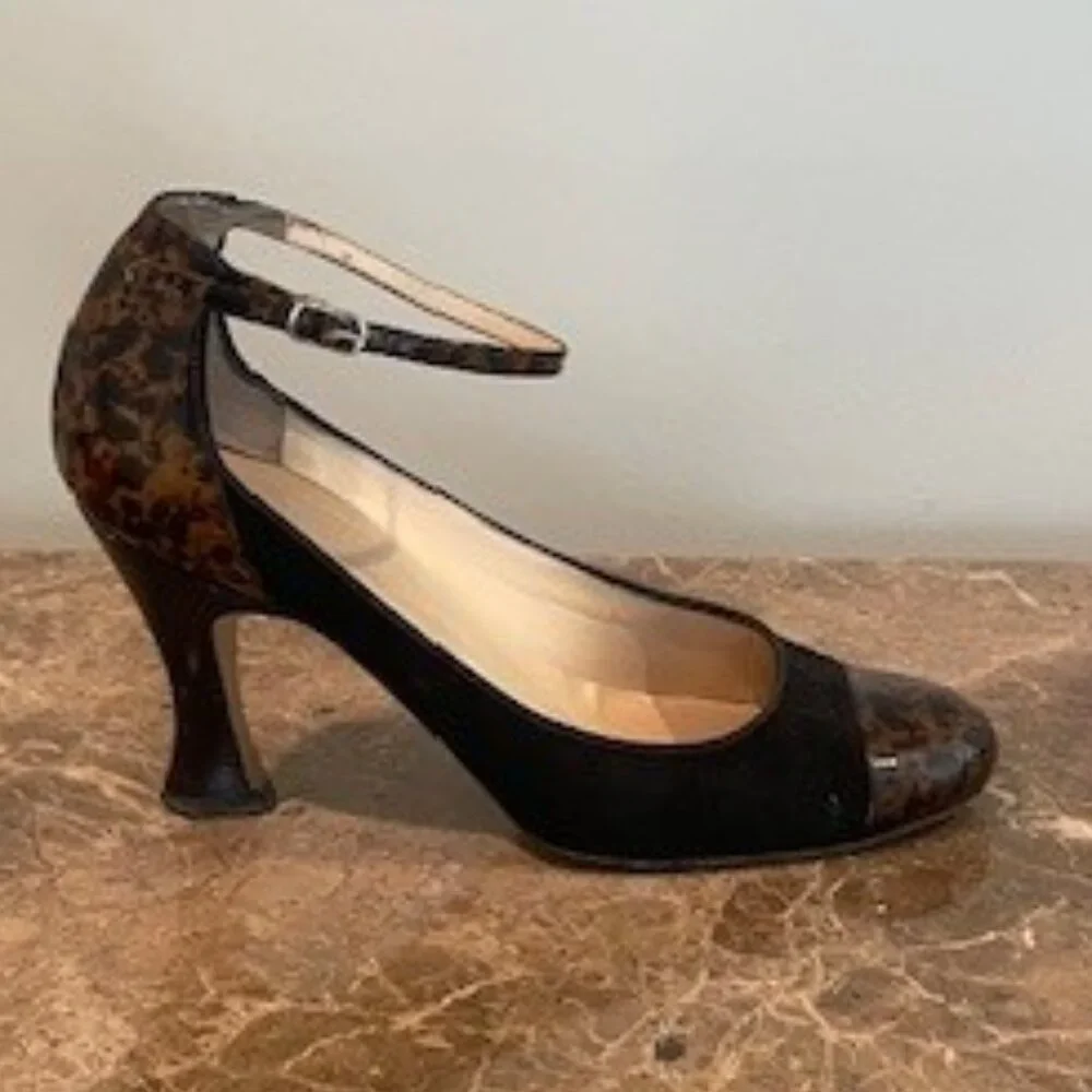 Cole Haan Collection Black Suede Ankle Strap with Tortoise Heels – Sz 6.5